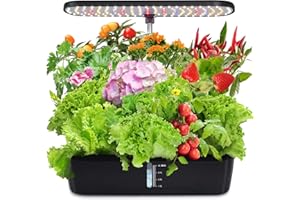 KioGro Hydroponics Growing System, 12 Pods Herb Garden Kit Indoor with 139 LED Grow Lights Gardening System, Automatic Timer, Height Adjustable, 4L Water Tank for Home - Black (Black 2)