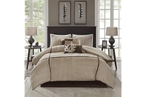 Madison Park Cozy Comforter Set Casual Blocks Design Ganzjahres-Bettwäsche, passender Bettrock, dekorative Kissen, Polyester, Dune Wildleder, Beigebraun, Queen(90"x90")