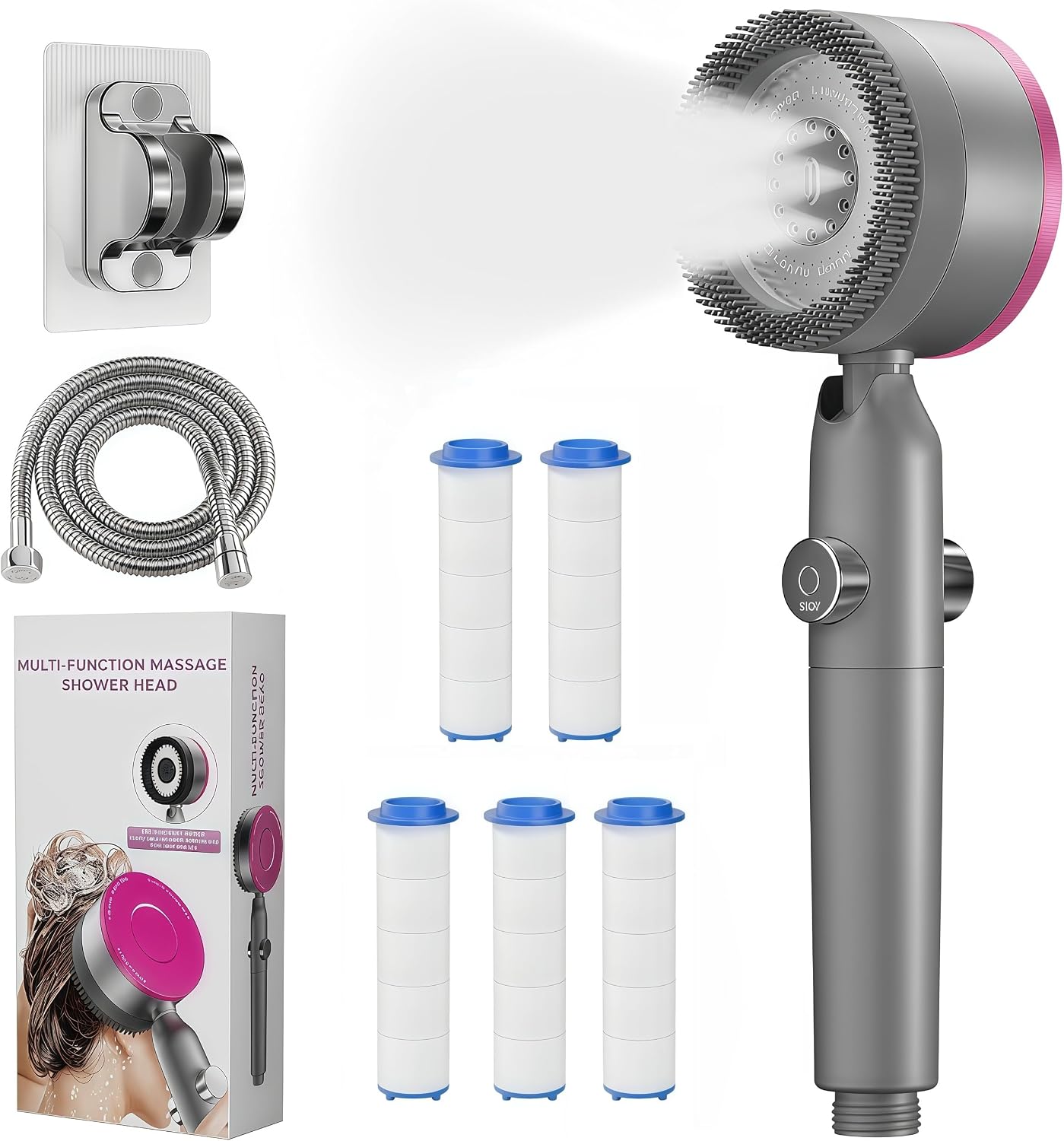 Alcachofa de Ducha Alta Presión con Filtro Antical,Cabezal de Ducha 4 Modos con Función de Masaje,Ahorro de Agua,Kit con Manguera 1.5M,5 Filtros y Soporte,Botón de Parada ON/OFF,Ajuste Estándar