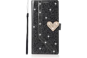 Unichthy Samsung Galaxy S21 Plus Case All Glitter for Girls Bling Love Heart 3D Gems Sparkle Shockproof Leather Wallet Flip Magnetic Protective Phone Case Folio Book Covers for Samsung S21 Plus Black