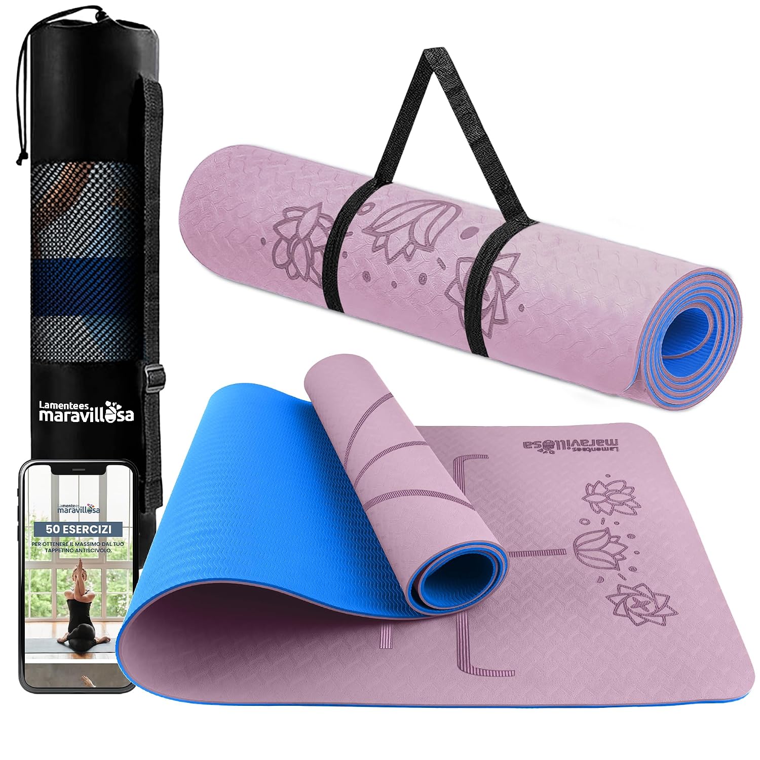 LA MENTE ES MARAVILLOSA - Tappetino Yoga e Pilates TPE, 183x61 cm | Spessore 6 mm, Antiscivolo per Fitness e Palestra in Casa, con E-Book, Custodia e Tracolla