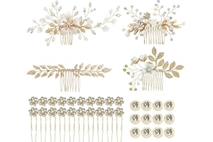 inSowni 36 Pack Gold Flower Leaf Bridal Wedding Hair Side Combs Slides+U-shaped Flower Hair Pins+Spiral Rhinestone Clips Barrettes Hair Pieces Headpieces Accessories for Brides Bridesmaids Women Girls