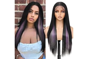 Cheveux Synthétiques naturels Perruque femme naturelle brésilien Violet Stripe Cheveux Raides Noir Perruques Straight Sans Colle Dentelle Perruques 28 Pouces FABÉLLE