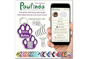 PAWFINDA – It’s The Quick and Easy Way to get Them Back Home and Much More… The Next Generation Personalised Dog Cat Pet ID Engraved Tag with CONTACTLESS and QR Code Technology. (Purple Paw)
