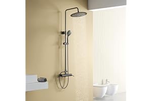 Columna Ducha Negra, YOOZENA Duchas de Baño Columna, Columna ducha con grifo, Ducha lluvia 25 CM, Altura ajustable, Redondo