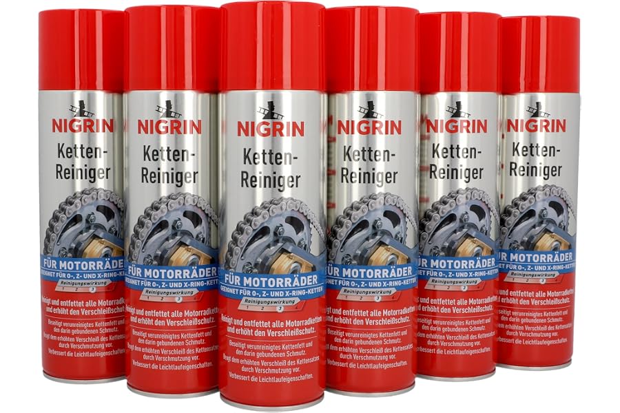 Nigrin 20854-6 limpiadores de cadena de 500 ml, spray de cadena para moto, limpia y desengrasa las cadenas de la motocicleta,