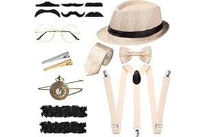 BLULU Set Accessori Costumi Uomo Anni '20 Costume da Gangster Retrò, Cappello, Papillon, Orologio, Bretella, Occhiali, Barba, Bracciale Reggicalze, Fermacravatte (Stile Semplice, Bianco Sporco)