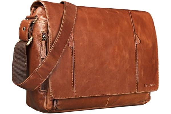 STILORD Erik Vintage Sac à l'Épaule en Cuir PC Portable 15,6 Pouces Sacoche Sac à Bandoulière Besace Sac Messager Couleur:Cognac - Brillant