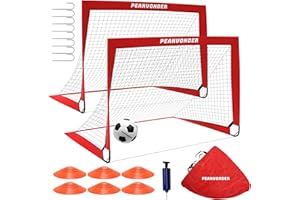 PEAKVONDER Set of 2 Football Goals for Kids, Football Nets for Kids, Goal Posts for Kids Garden with 6 Football Cones, Football, Carry Bag, 120 cm x 90 cm, Portable Pop Up