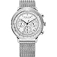 FEICE FS303 Men's Wrist Watch with Japanese Quartz Movement Leather Strap Water Resistant Date Multifuntion Display Retro Watch-Silver