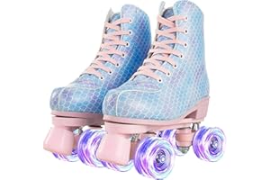 SHEBUYLLI Ocean Blue Roller Skates for Women Flash Wheel For Beginners 12 To 50 Age For Indoor or Outdoor use, High Top PU Leather Classic Double-Row Rollerskates