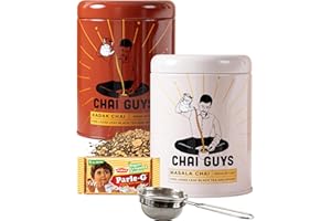 Chai Guys Loose Leaf Tea Bundle - Ultimate Starter Kit with Biscuits, Loose Leaf Tea Strainer, Kadak & Masala Chai - 200g Per Tin, Makes 56 Cups