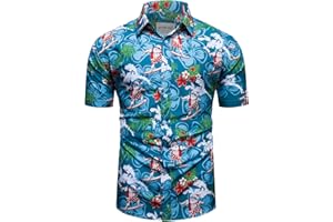 fohemr Men Christmas Hawaiian Floral Shirt Button Down Shirt Santa Claus Funny Printed Short Sleeve Party Holiday Shirt