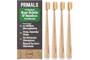 PRIMALS Vildsvinshår och bambutandborste (paket med 4 st) – premium vildsvinborst – helt biologiskt nedbrytbar, plast- och ny
