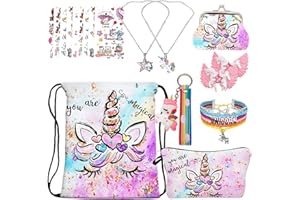 Unicorno Regali per Ragazze,RLGPBON Zaino Unicorno con Coulisse,Borsa per Make up,Unicorno Collana con catena in lega,Bracciale unicorno/Fascette per capelli