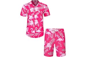 J.VER Mens Hawaiian Shirt and Shorts Set Regular Fit Short Sleeve Casual Funky Beach Flamingo Shirt Set