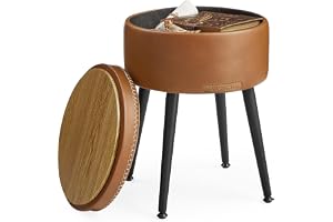 VASAGLE EKHO Collection - Förvaring Ottoman, Sminkbordspall, PU med sömmar, Mid-Century Modern, Rund förvaringspall med stålb