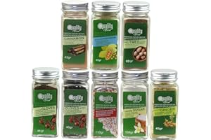 QUALITY FOOD QF SPAIN Pack d'épices douces. Idéal pour cadeaux et l'usage quotidien. 8 bocaux en verre, réutilisables. Cannelle, noix de muscade, clous de girofle, gingembre, cardamome, sucre vanillé, Manne Multicolore