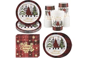 NATNARR 60 Stück Weihnachtsteller Pappe und Servietten Weihnachten Set, Weihnachten Partyzubehör mit 18cm Weihnachts Pappteller, Weihnachtsbecher, Servietten für 20 Gäste