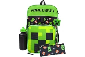 Minecraft Creeper Backpack | Boys Creeper TNT 5 Piece Set | Gamer Rucksack Pencil & Case Bottle One Size