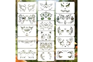 PABBYEEY 16 Stück Kinderschminken Schablonen Set Wiederverwendbare Gesichtsschablonen für Kinder mit Einhorn Tiermasken Blumen Flügel und Halloween Motiven Ideal für Party Karneval und DIY