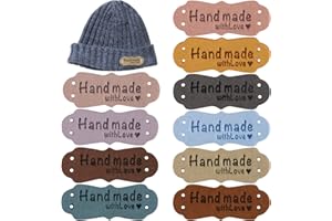 Prmape 60 Stück Handmade Label zum Annähen, Handmade Label Leder 10 Farben, Lederetiketten zum Annähe, Stoffetiketten Handmade with Love für DIY-Hüte Kleidung Annähen Strickdekoration
