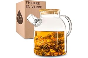Cosumy Theiere Verre avec Filtre 1,5L - avec Couvercle en Bambou - Lavable au Lave-vaisselle - Pour les Boissons Chaudes et Froides