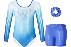 Gogokids Maillots de Gymnastique Trois Pièces pour Filles, Ensemble de Gymnastique à Manches Longues avec Short et Bandeau, Justaucorps de Danse Brillant avec Design de Couleur Dégradée pour 3-12 Ans