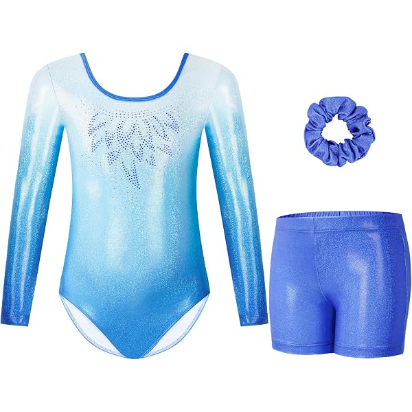 Girls Gymnastics Leotard Set – Long Sleeve Sparkle Leotard With Shorts & Headband