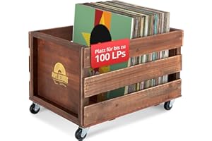 Stagecaptain SPK-100 BN Schallplattenkiste “Emil” - Aufbewahrungsbox für bis zu 100 LPs - aus Vollholz im Retro-Design - 4 lenkbare Rollen - auch für vieles andere bis 25 kg verwendbar - Braun