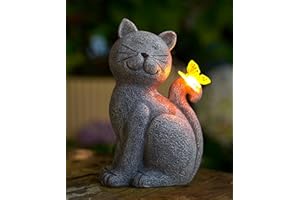 ‎YEOMOO Yeomoo Katzen Figuren mit Solar Schmetterling Deko Wohnzimmer Gartendeko für draußen: Lustig katze Geschenk für Frauen Mama Geburtstagsgeschenk Gartenfiguren Wasserdicht Zimmer Garten Balkon Deko Grau