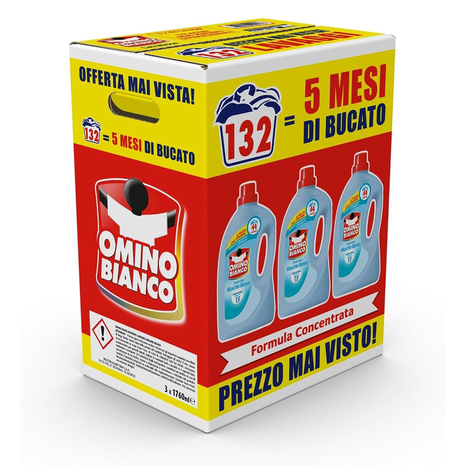 Omino Bianco Detersivo Lavatrice, Muschio Bianco, 132 Lavaggi, 1760 ml x 3 | Pulisce in profondità, rimuove le macchie, dona un fresco profumo che dura a lungo, rispetta colori e tessuti
