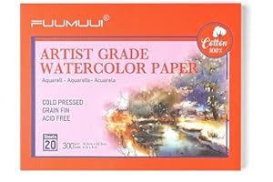 FUUMUUI Papier akwarelowy A5 100% bawełna - 20 arkuszy 300 g/m², bezkwasowy papier akwarelowy, tłoczony na zimno i klejony, blok akwarelowy, DIN A5, papier akwarelowy do malowania akwarelowego, rysowania i