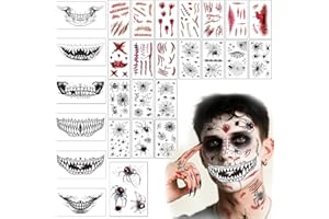 ‎VNFSMY Halloween Tattoo Gesicht, 27 Blatt Halloween Kostüm Damen Herren Schminke Accessoires, Horror Clown Gesichtstattoo, Scary Narben Tag der Toten Gesicht, Wunden Spinnen Skelett Karneval Gesichtstattoo