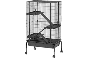 PawHut Jaula para Animales Pequeños de 4 Niveles Jaula para Roedores con Ruedas Rampas Cuenco Botella de Agua y Bandeja Extraíble Recinto para Conejos Chinchillas Hurones Cobayo 69x44x120 cm Negro