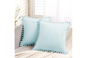 Topfinel Cushion Covers 40 x 40cm,Boho Cushion Covers 16x16, Duck Egg Outdoor Velvet Pom Pom Blue Soft Cushion Cover with Invisible Zip for Sofa Chair Living Room,Pack of 2