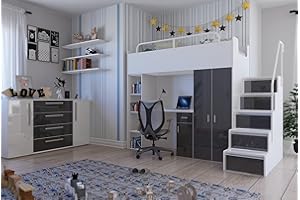 Marlux-Meble Hochbett JSM-4 90x200 mit Kleiderschrank Schreibtisch und Treppe Hochglanz Kinderbetten Funktionsbett Etagenbett Stockbett Kinderhochbett Jugendhochbett (Graphit Glanz)