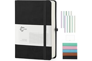 Fasood Notebook A5 Squared, Hardcover Journal Notebooks with 320 Pages, 100 g/m² Thick Paper, Multicoloured Tabs, Pen Tab and Document Pocket, for School, Office (Black)
