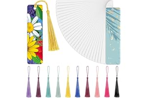 Tenare 50 Piezas Marcadores de Libros en Blanco para Sublimación Marcapáginas de Metal de Aluminio de Transferencia de Calor de Bricolaje con Agujero y Borlas de Colores, Impresión a Una Cara