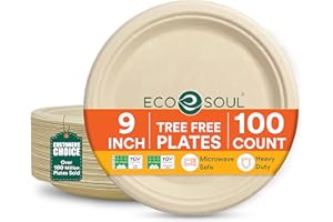 ECO SOUL Compostable Paper Plates (23Cm) 9 Inch [100-Pack] Heavy Duty Disposable Sugarcane Bagasse Round Plates | Eco Friendly Biodegradable Microwave Safe Party