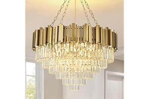 AOOCHOK Modern Crystal Chandelier Gold Pendant Light, Round Crystal Pendant Light, Hanging Lamp for Living Room, Dining Room, Bedroom, Restaurant, E14 x 12, Diameter 80 cm