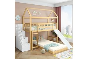 ‎FEZTOY FEZTOY Baumhaus Kinderbett 90 x 200 mit 3 Treppe & Schubladen, Hochbett für 2 Kinder mit Rutsche und Lattenrost, Funktionsbett Hochbett Stockbett Jugendhochbett, Keine Matratze