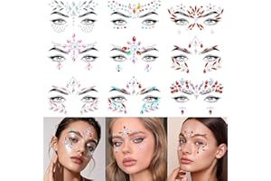 TEMVIEY 9PCS Face Gems Glitter Rhinestone Crystal Gemstone Stickers-Self-Adhesive Face & Body Jewels Temporary Tattoos for Women Kids, Festival Halloween Christmas Birthday Carnival Party