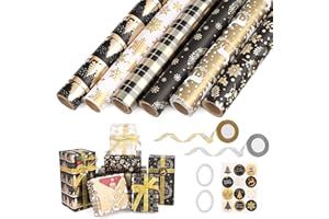 GuKKK Rouleau Papier Cadeau Noel 6 Rouleaux, 43 × 300CM Rouleau de Papier d'Emballage de Noël, Noir et doré Apier Cadeaux Noël Recyclable, Motifs de Christmas, avec 2 Rubans und Autocollant