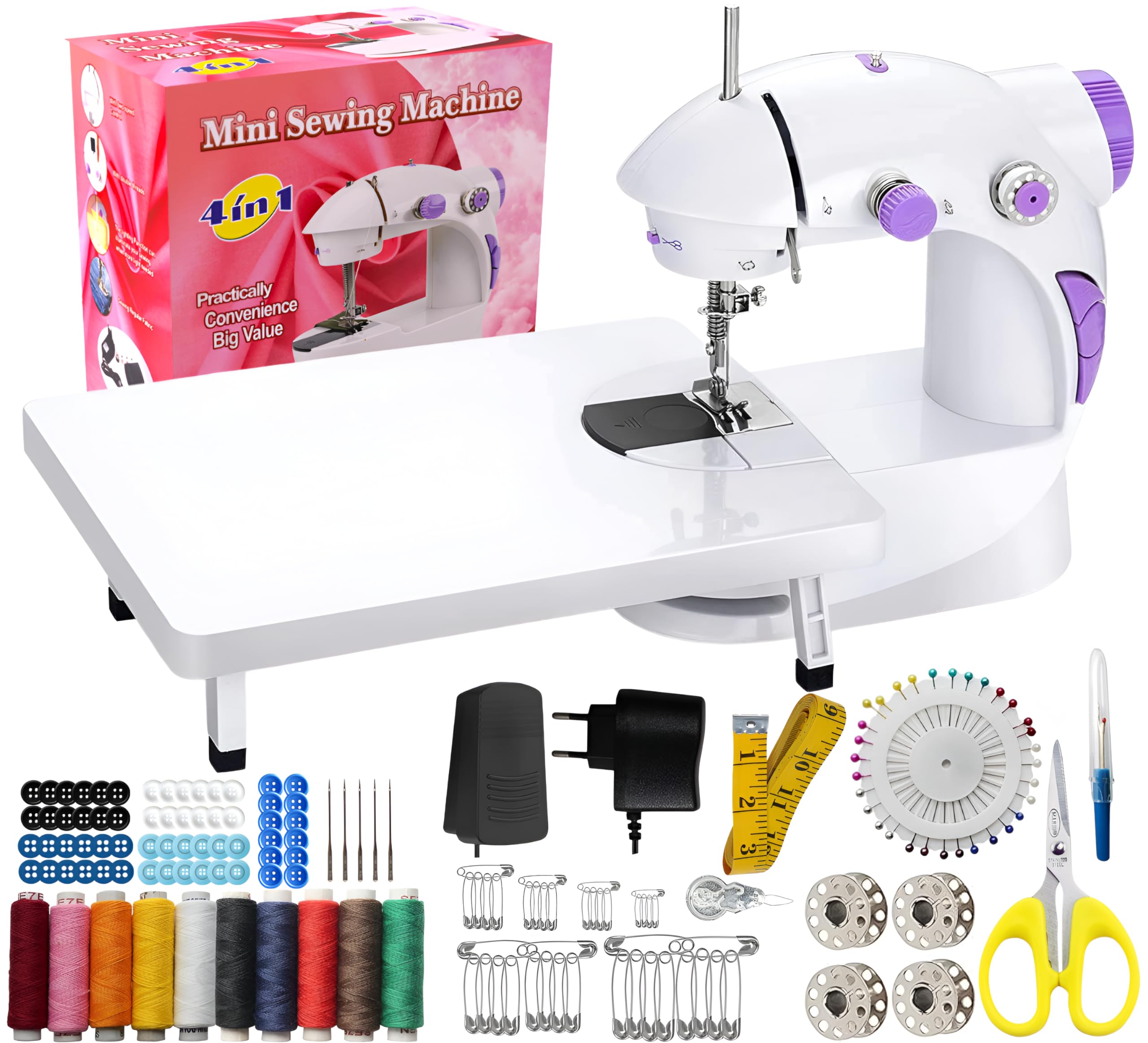 CATIVE Mini Sewing Machine with Table Set | Tailoring Machine | Hand Sewing Machine with extension table, foot pedal, adapter