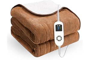 CORIWELL Elektrisch beheizte Decke, Überwurf, 160 × 120 cm, elektrisches Flanell & Sherpa-Heizdecke, 9 Heizstufen, 9 Stunden Timer, automatische Abschaltung, Braun