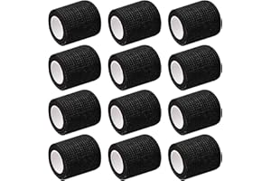 PTJJXA 12 Rolls Elastic Cohesive Bandages, 5 cm x 4.5 m Breathable Self Adhesive Bandage, Non Woven Wrap Tape for Sports Knee Wrists Ankle Sprains Animal Pet Vet (Black)
