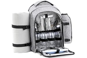 ‎CAMPFEUER CampFeuer Picknickrucksack 32-teilig | Picknickset für 4 Personen | Grau | mit Flaschenhalter, Picknickdecke, Kühlfach und Campinggeschirr | Freizeitrucksack, Campingrucksack