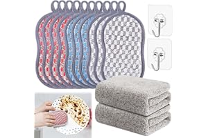 JICYOR Spülschwamm Waschbar, 14 Stück Küchenschwamm Set mit 2 Reinigungstücher und 2 Haken,Mikrofaser Putzschwämme Doppelseitenschwämme für Reinigung bei Hartnäckigem Schmutz