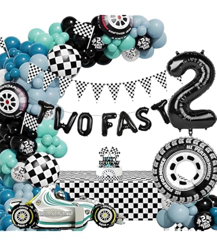 Vintage decoraties voor de 2e verjaardag - banner met raceauto voor jongens, slinger, cupcake-decoraties, pastelballonnen